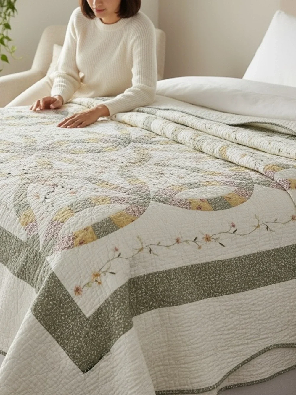 Vintage Classic Double Wedding Ring Quilted Bedspread in Cream and Green